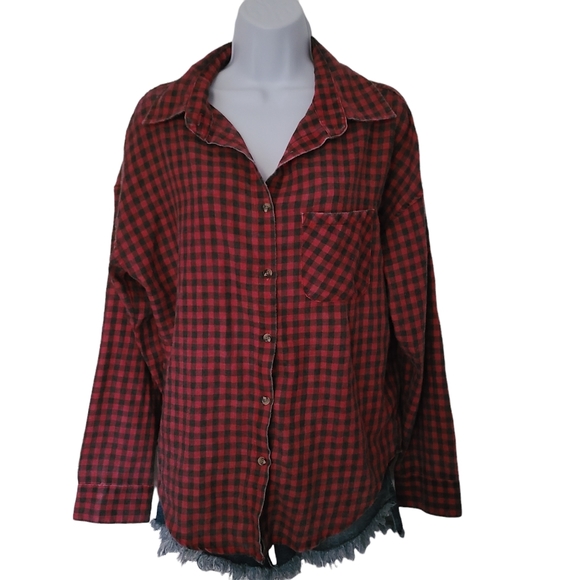Brandy Melville Distressed Red Buffalo Check Plaid Button Down Flannel O… - Picture 1 of 9